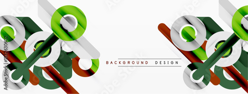 Abstract shapes, green, brown, white. Modern design elements create dynamic composition. Minimalist style, clean lines, background texture.