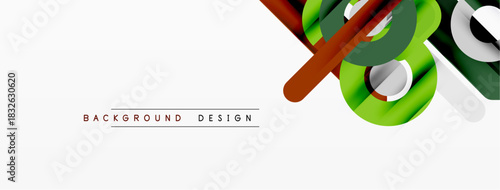 Abstract geometric shapes overlap, creating dynamic visual effect. Green, brown, white colors dominate design. Minimalist style.