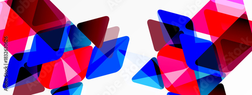 Abstract geometric shapes overlap, creating vibrant color patterns. Red, blue, pink dominate composition. Minimalist design.
