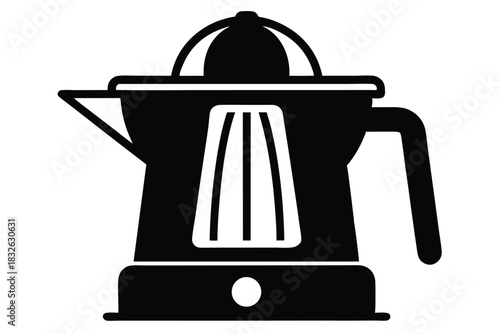 Black manual electric citrus juicer is standing on white surface in solid shape