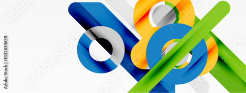 Abstract geometric shapes overlap, creating dynamic composition. Bright colorsblue, orange, greendominate white background. Modern design elements present.