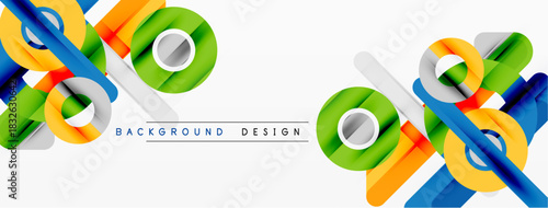 Abstract colorful ribbons, circles, lines create modern background. Bright shapes overlap, forming dynamic visual composition.