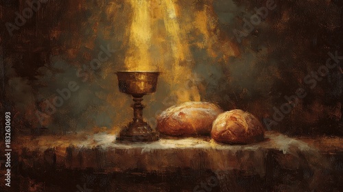 Golden Chalice And Bread Loaves In Artistic Illuminated Still Life Composition
