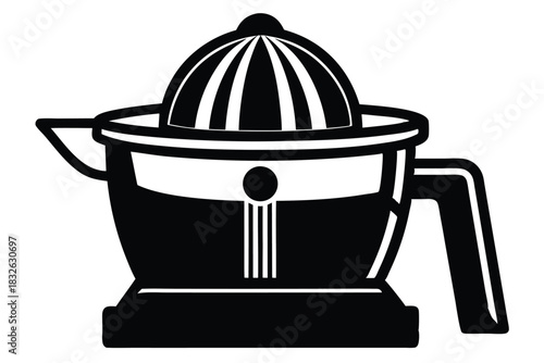 An abstract black and white citrus juicer is displayed with a striped reamer