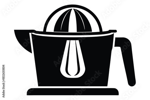 Simple black icon showcases manual citrus juicer with pouring spout and handle