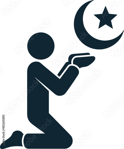 Muslim pray icon man kneeling with islamic crescent moon and star symbol in devotion to faith