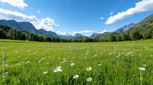 Fototapeta Naklejka Na Ścianę i Meble -  Alpine meadow with daisies and distant mountains under blue sky calm summer scene