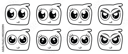 Cute Cartoon Face Expressions Set. Kawaii Eyes and Emotions Collection. Hand drawn facial expressions, doodle face and different moods vector set