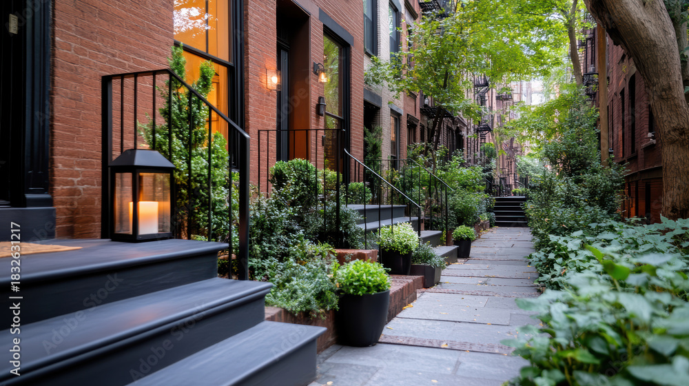 Fototapeta premium Brownstone sidewalk townhouse entrance garden lantern warm window