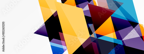 Abstract geometric shapes overlap, creating dynamic colorful composition. White space balances vibrant triangles, rectangles. Modern design.