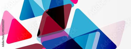 Abstract geometric shapes overlap. Blue, red, purple hues dominate composition. Minimalist design, modern aesthetic. Clean lines, dynamic arrangement.