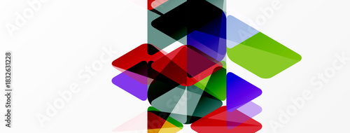 Abstract composition. Overlapping colorful squares, triangles create dynamic visual effect. Minimalist design, clean background.