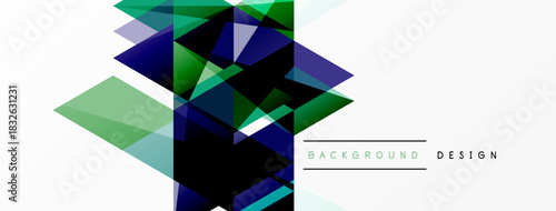 Abstract geometric shapes overlap, creating dynamic visual effect. Blue, green hues dominate white background. Modern design element.