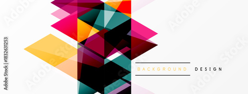 Abstract geometric shapes overlap, creating vibrant colorful composition. Modern design elements suggest dynamic visual experience.