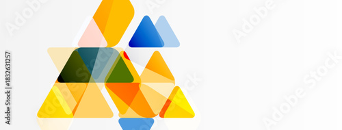 Abstract geometric shapes overlap, creating vibrant color composition. Triangles dominate design, suggesting dynamism, modernity.