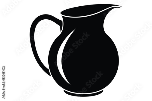 Silhouette of a black pitcher with handle and curved spout stands isolated