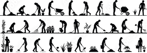 Set of six female maid cleaner silhouettes diligently performing various housekeeping tasks with mops and buckets.