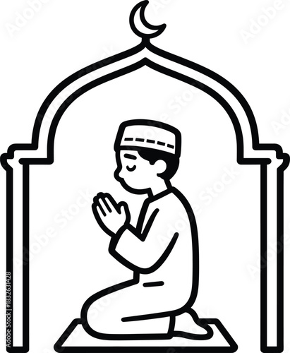 Muslim pray icon showing man inside mosque arch, kneeling in prayer, emphasizing spiritual devotion