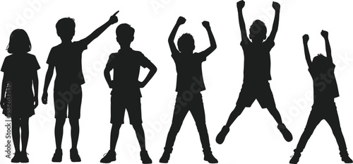 Set of six diverse children silhouettes jumping, pointing, and standing together representing joy and youthfulness.