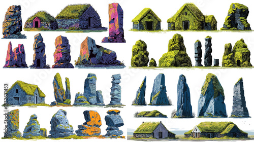Vibrant illustrations of moss covered stone houses and rock formations with atmospheric colors, natural textures, and rugged landscapes inspired by rural environments.