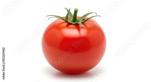Perfectly ripe tomato ready for delicious recipes, vibrant red color and fresh green stem isolated on white background for healthy cooking projects