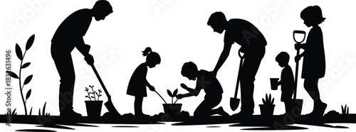 Family silhouettes digging, planting, and tending to potted plants, illustrating teamwork and fun outdoor work.