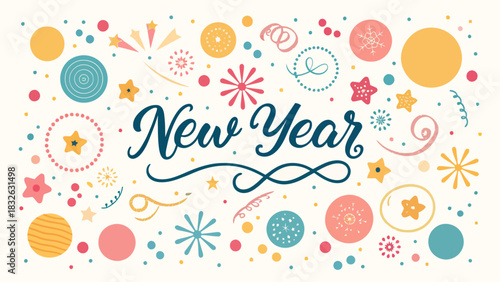 Bright playful New Year 2026 greeting vector featuring fun cartoon characters and festive elements, cheerful design for kids and families.