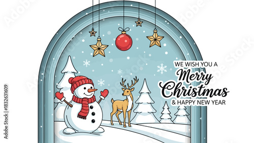 Whimsical Winter Scene with a Friendly Snowman, Deer, and Christmas Decorations Inside an Archway, Wishing Merry Christmas and Happy New Year