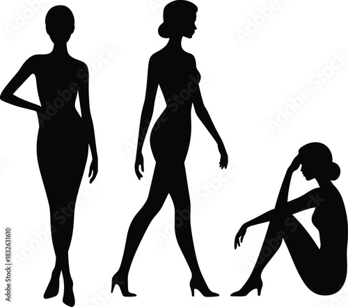 Collection of three female silhouettes posing stylishly, including standing, walking, and seated profile views.