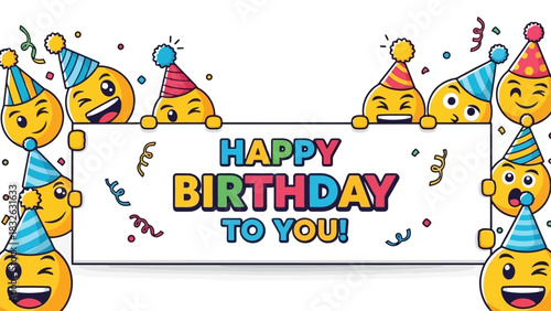 A cheerful vector illustration of cartoon emoticons wearing party hats, holding a large banner for a festive celebration greeting