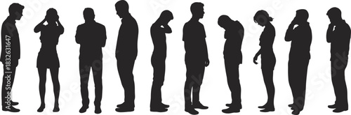 Collection of ten diverse silhouettes representing stressed, depressed, and anxious men and women covering their heads.