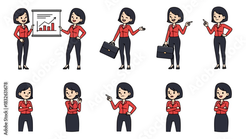 Set of illustrations of a businesswoman in various poses, conveying professionalism and dynamism in a corporate setting