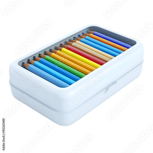 White pencil box with colorful pencils inside