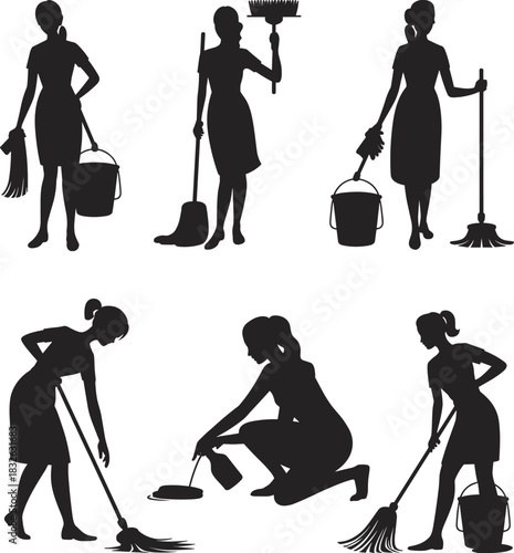 Collection of six female maid cleaner silhouettes diligently performing various housekeeping tasks with brooms and buckets.