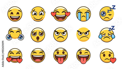 A vibrant collection of yellow cartoon emoticons and smiley faces expressing a wide range of human emotions from joy to sadness
