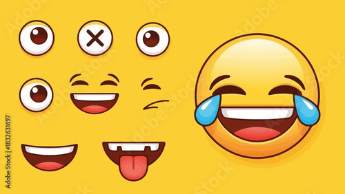 Set of different laughing emoji faces and expressions with tears of joy and a big smile, conveying happiness and amusement