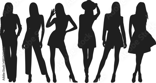 Collection of six beautiful female fashion model silhouettes posing elegantly in various stylish modern clothing.