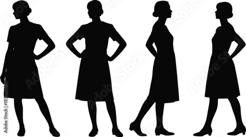 Collection of four female flight attendant silhouettes in uniform dresses, ready to serve as airline cabin crew.