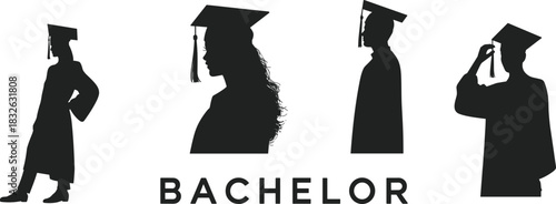 Collection of four distinct black silhouettes representing diverse male and female university bachelor graduation students in gowns.