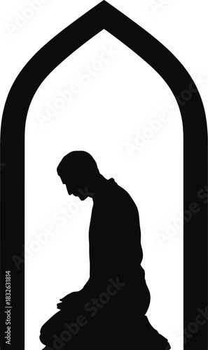 Muslim pray icon silhouette of devout man kneeling in prayer within archway, representing islamic devotion