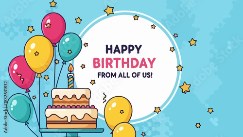 Vibrant illustrated birthday greeting with a festive cake, colorful balloons, and decorative stars on a cheerful blue background, perfect for celebrating special occasions