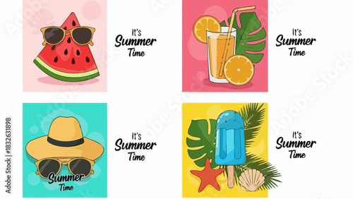 Vibrant Summer Icon Set Watermelon, Orange Juice, Hat, Popsicle