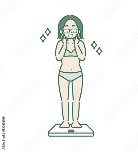体重計に乗る減量に成功して喜ぶ40代女性のイラスト