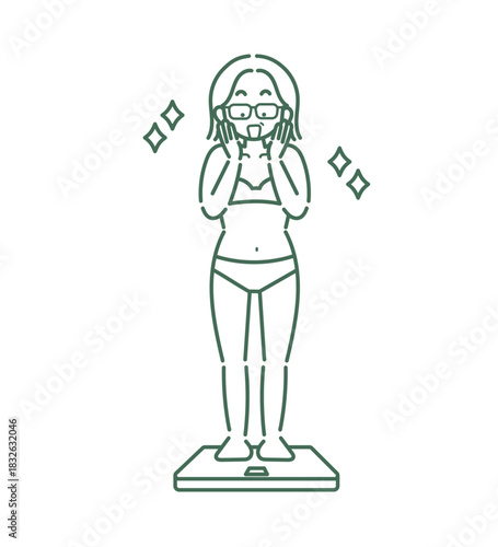 体重計に乗る減量に成功して喜ぶ40代女性のイラスト　線画のみ