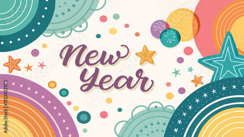 Cheerful bright New Year 2026 vector greeting featuring abstract celebratory elements and golden accents, modern and festive design.