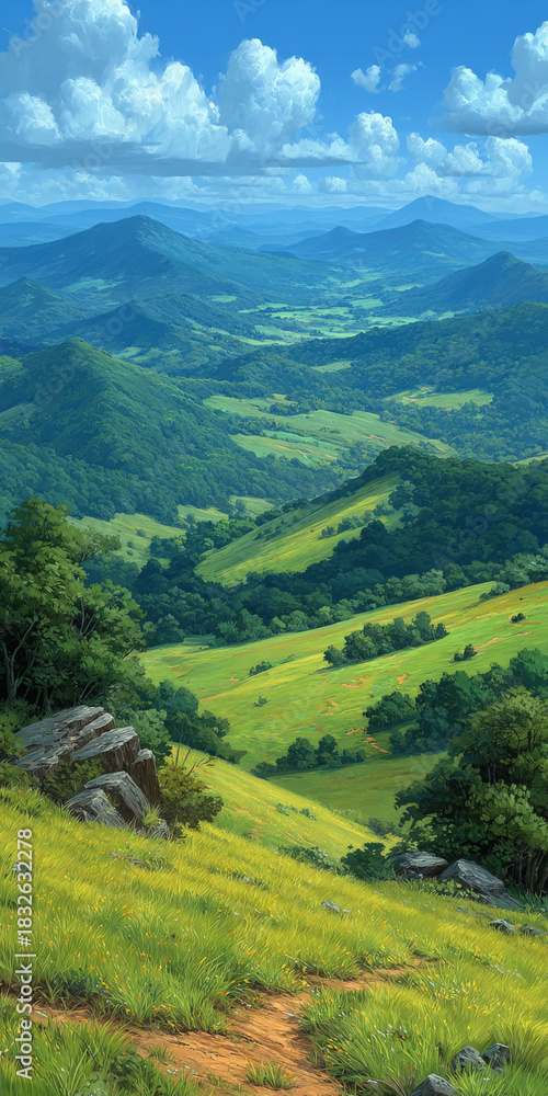Obraz premium Scenic Mountain Landscape with Green Hills, Meadows, and Blue Sky with Clouds, Serene Nature Scenery, Peaceful Valley, and Distant Mountain Range,