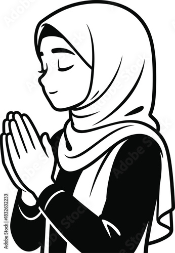 Muslim woman praying with closed eyes in side profile simple black and white muslim pray icon line art drawing
