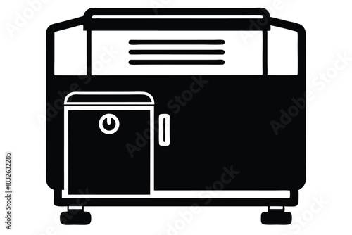 Black and white icon shows front view of portable generator on wheels