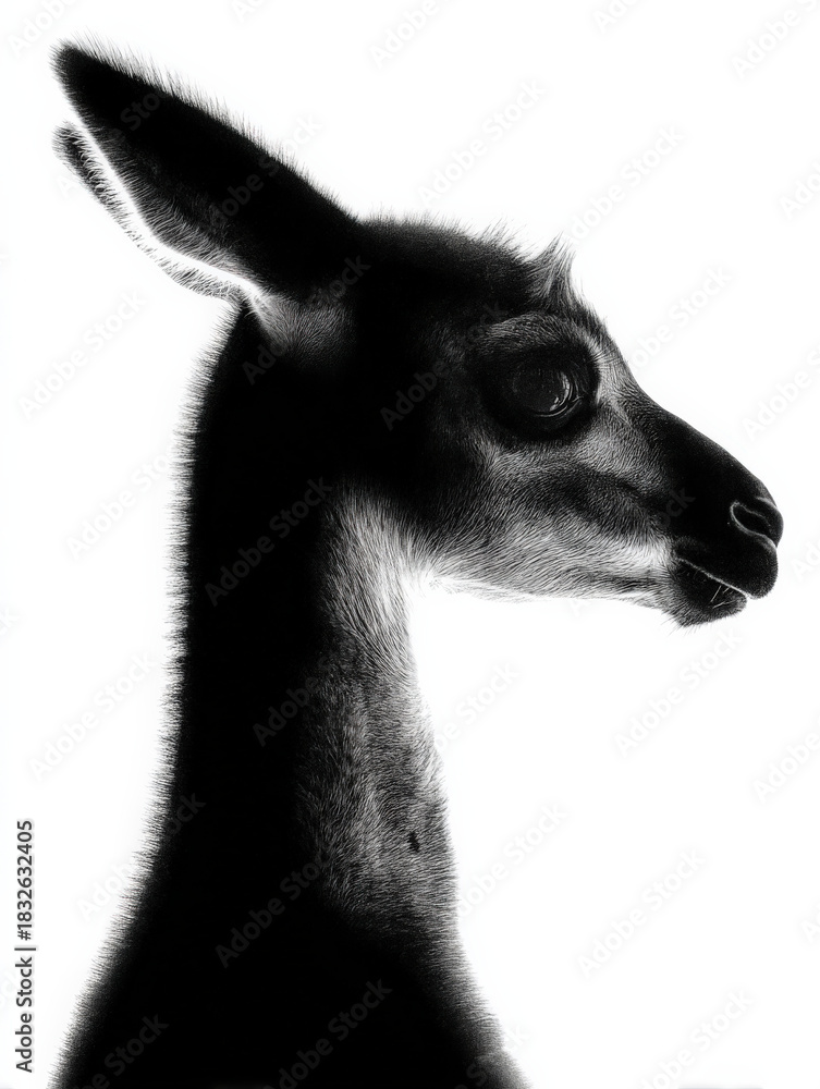 Fototapeta premium Striking Black and White Portrait of a Young Guanaco Head and Neck in Profile Against a Bright White Background, Showcasing Detailed Fur Texture