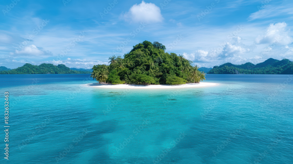 Fototapeta premium Tropical island turquoise water white sand palm tree lush greenery sunny sky